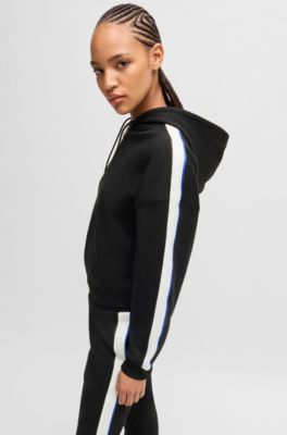 Zip-neck hoodie in stretch cotton with logo tape, Black