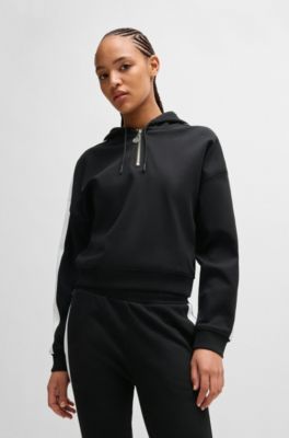 Zip-neck hoodie in stretch cotton with logo tape, Black