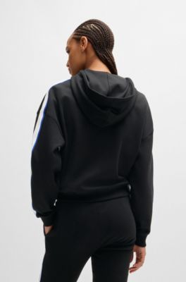 Zip-neck hoodie in stretch cotton with logo tape, Black