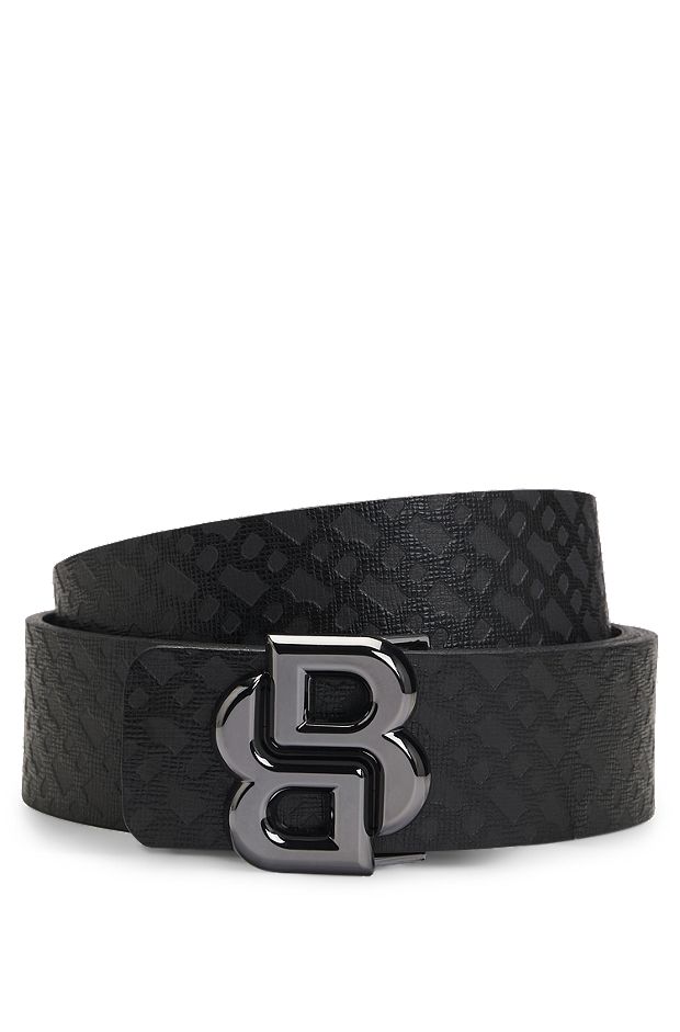 Italian-leather reversible belt with monogram buckle, Black
