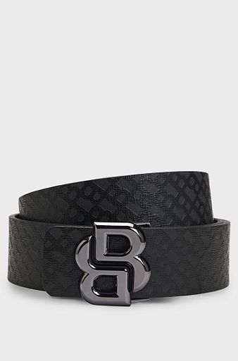Italian-leather reversible belt with monogram buckle, Black