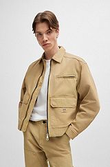 Slim-fit jacket in cotton canvas with logo label, Beige