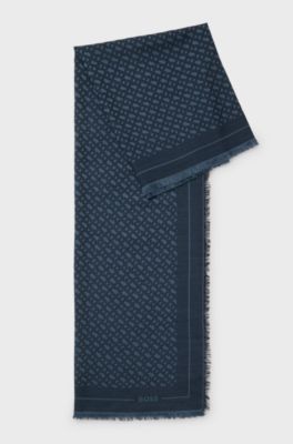 Wool-blend jacquard scarf with monogram pattern, Dark Blue