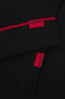 Logo-label hat and scarf set with wool, Black