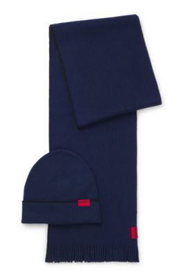 Logo-label hat and scarf set with wool, Dark Blue
