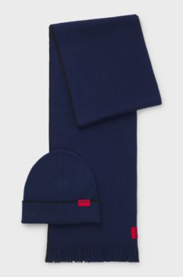 Logo-label hat and scarf set with wool, Dark Blue