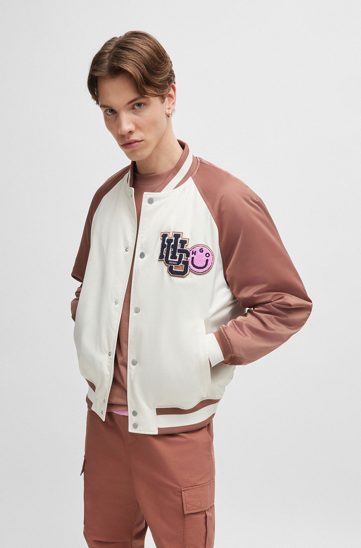 Water-repellent bomber jacket with varsity-inspired logo patch, Natural
