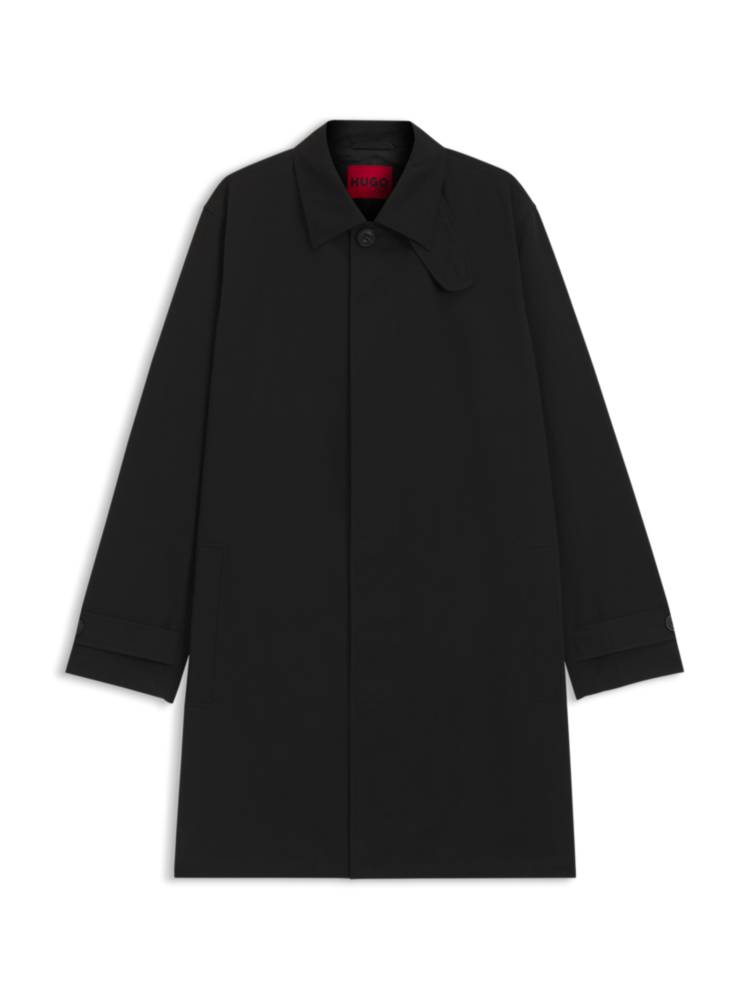 Artikel klicken und genauer betrachten! - Minimalistischer HUGO Mantel mit Halslasche und verdecktem Verschluss. Die gerade geschnittene Outerwear ist aus wasserabweisender Gabardine gefertigt. | im Online Shop kaufen