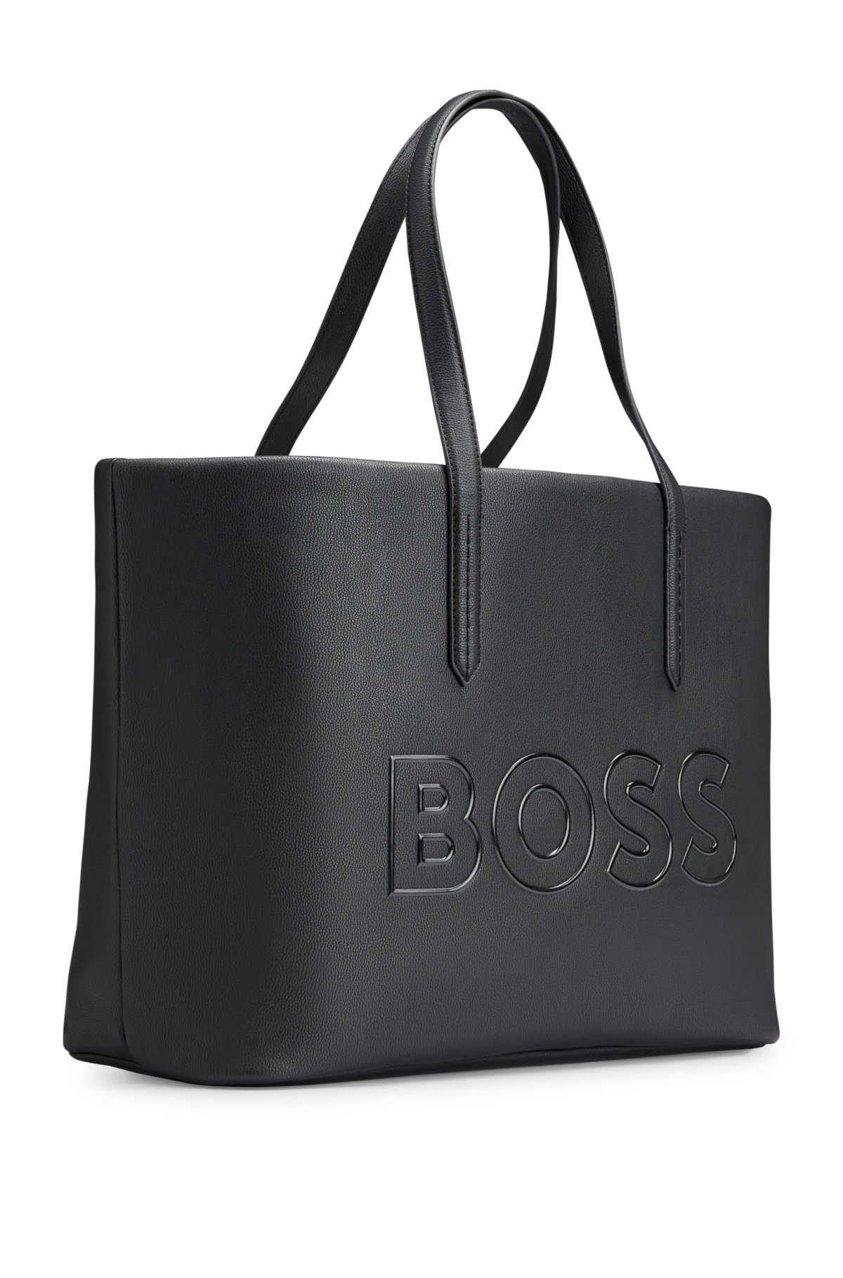Grained faux-leather shopper bag with outline logo, Black