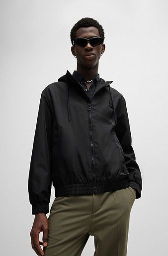 Water-repellent hooded jacket with stacked-logo trim, Black