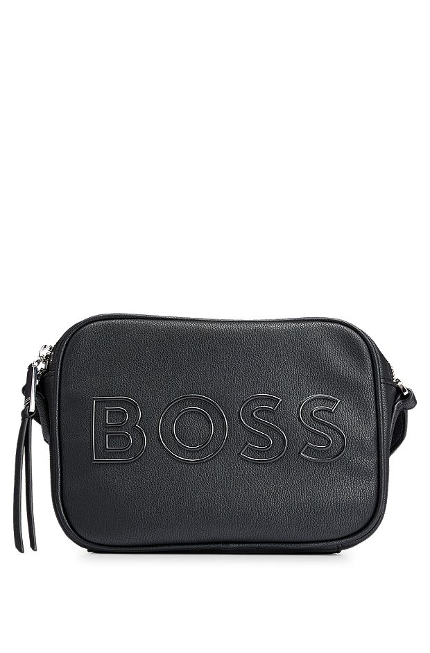 Grained faux-leather crossbody bag with outline logo, Black