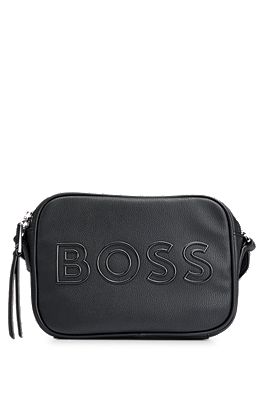 BOSS - Grained faux-leather crossbody bag with outline logo