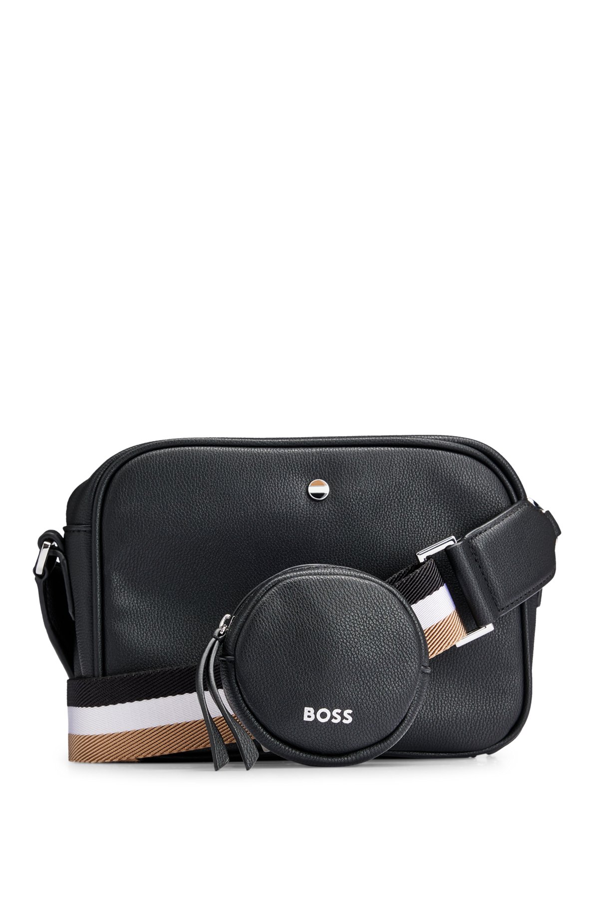 Grained faux-leather crossbody bag with outline logo, Black