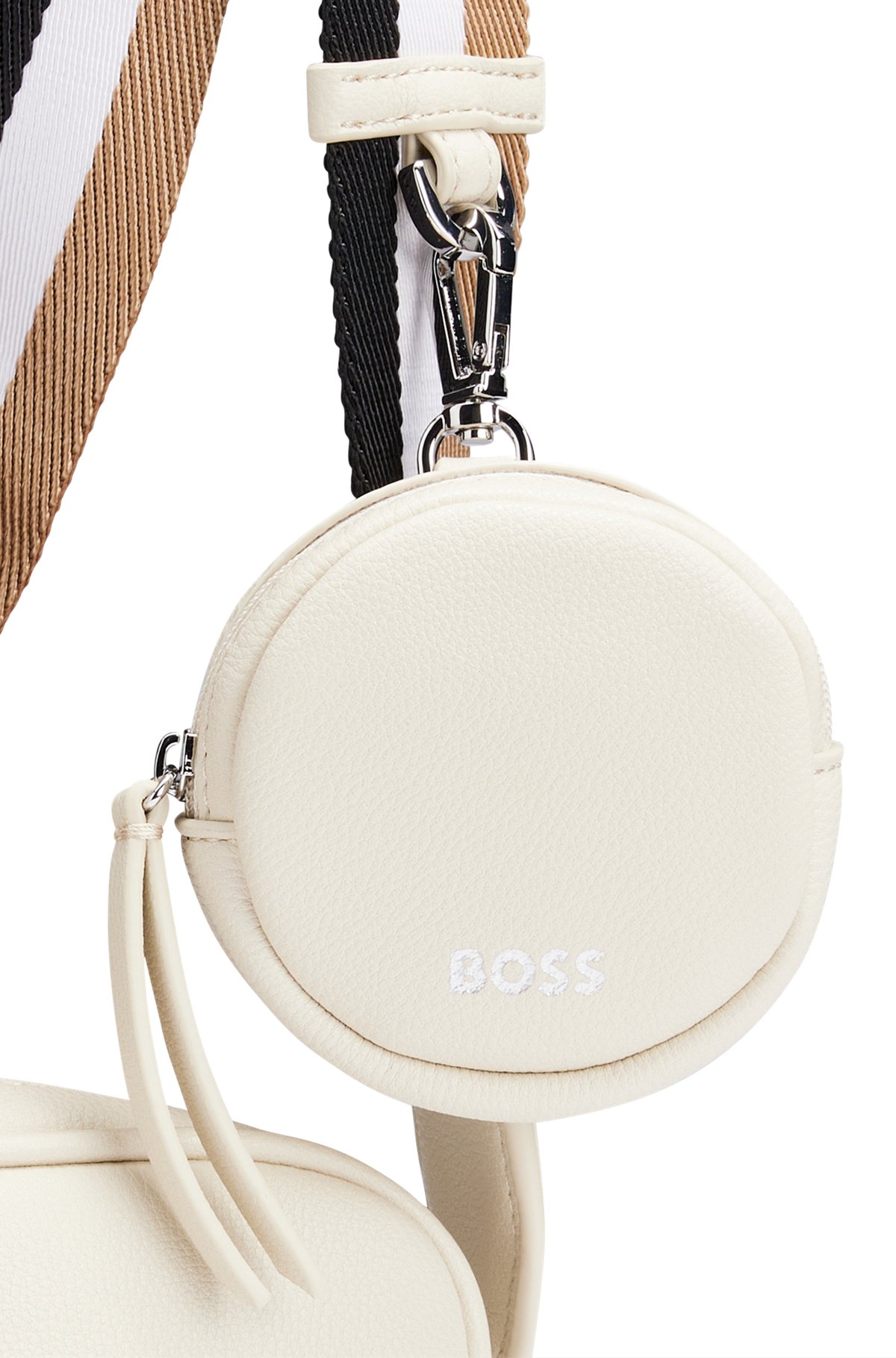 Grained faux-leather crossbody bag with outline logo, Natural
