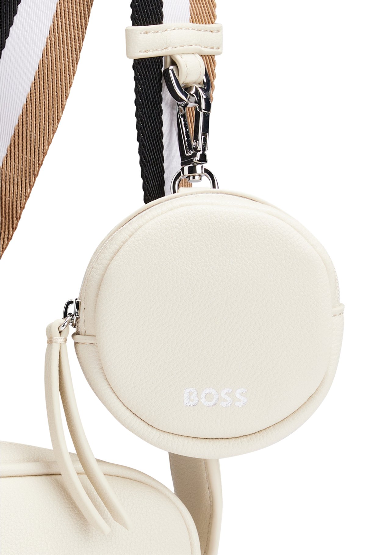Grained faux-leather crossbody bag with outline logo, Natural