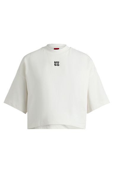 Relaxed-fit cropped T-shirt in cotton with stacked logo, White