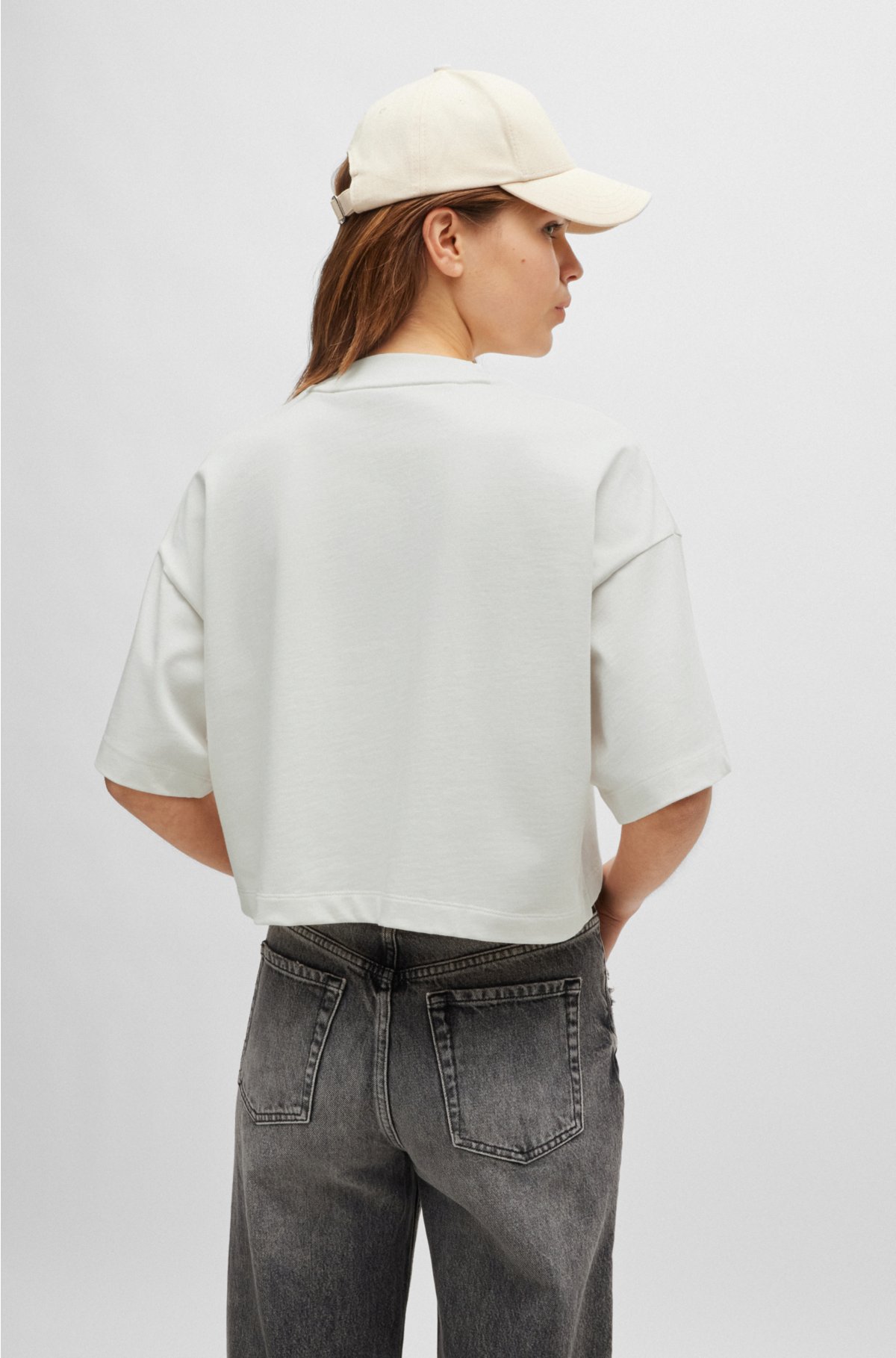 Relaxed-fit cropped T-shirt in cotton with stacked logo, White