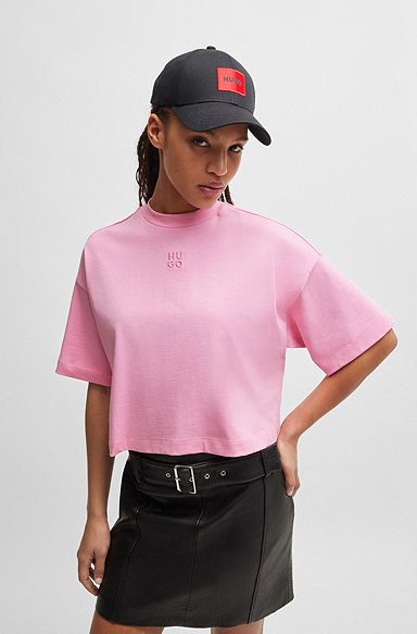Relaxed-fit cropped T-shirt in cotton with stacked logo, Pink