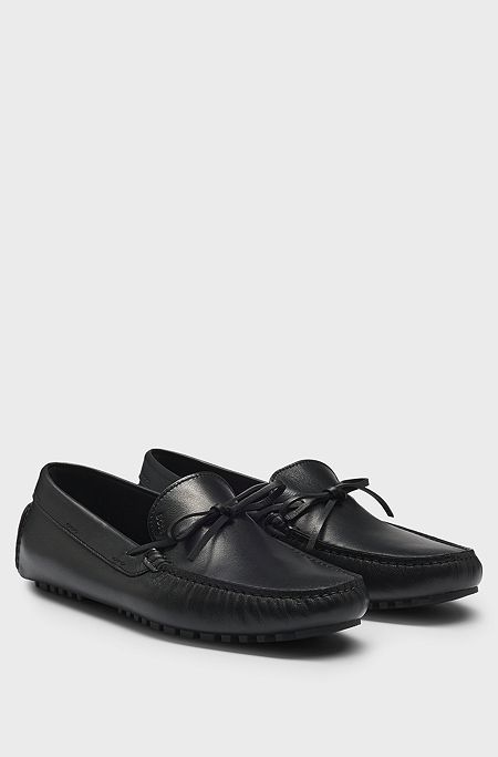 Leather moccasins with driver sole and logo, Black