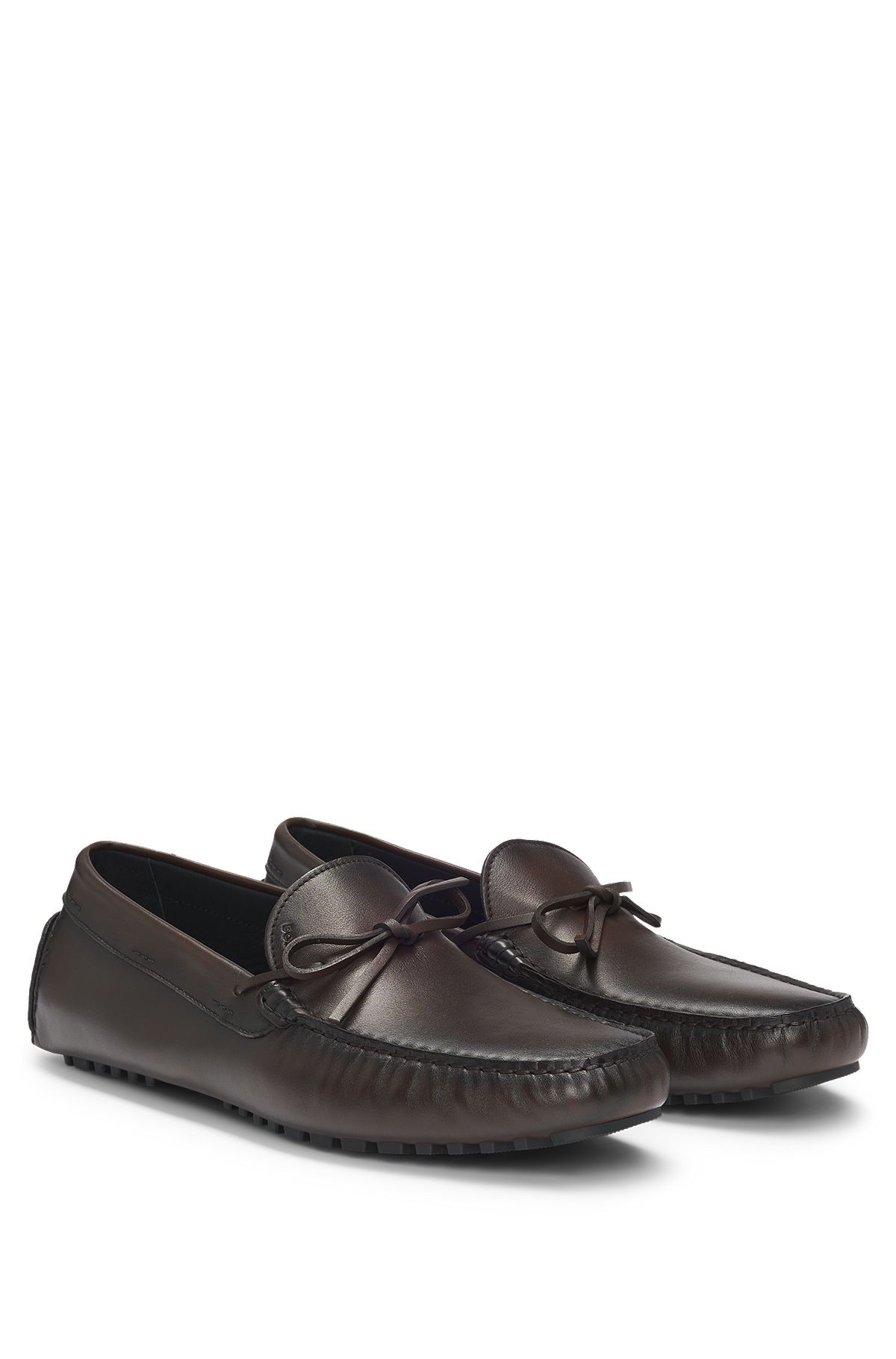 Leather moccasins with driver sole and logo, Dark Brown