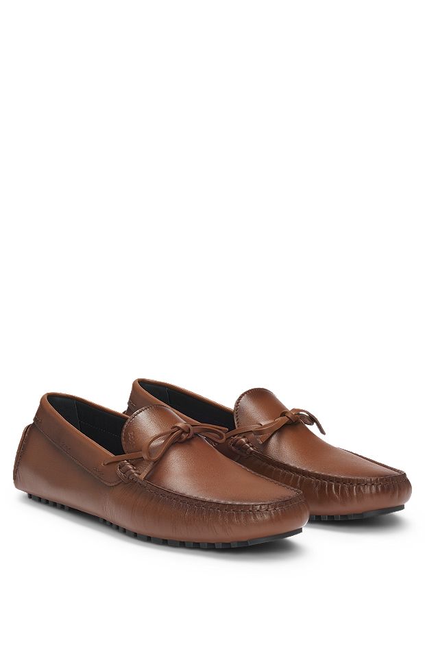 Leather moccasins with driver sole and logo, Brown