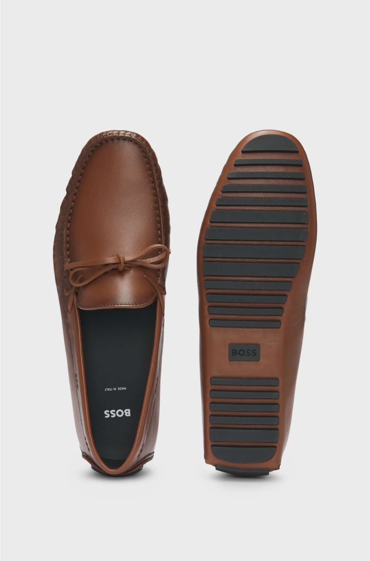 Leather moccasins with driver sole and logo, Brown