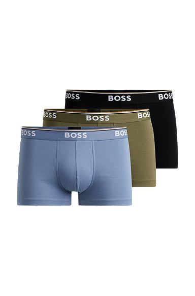 Three-pack of stretch-cotton trunks with logo waistbands, Black / Green / Light Blue