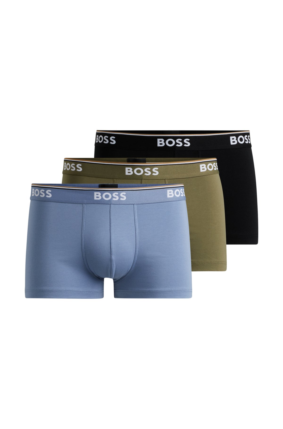 Three-pack of stretch-cotton trunks with logo waistbands, Black / Green / Light Blue