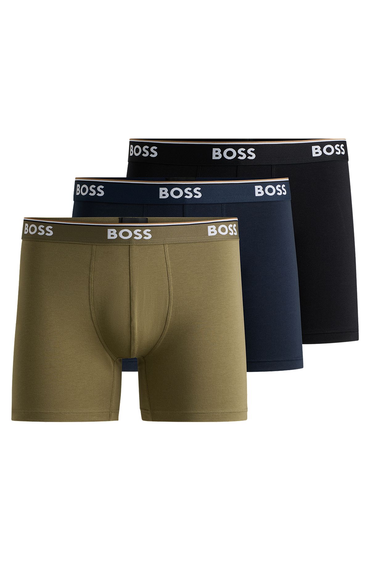 Three-pack of stretch-cotton boxer briefs with logo waistbands, Black / Green / Blue