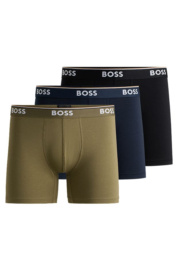 Three-pack of stretch-cotton boxer briefs with logo waistbands, Black / Green / Blue