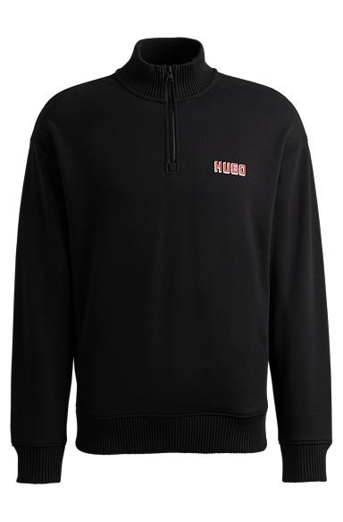 Logo-print zip-neck sweatshirt in cotton terry, Black
