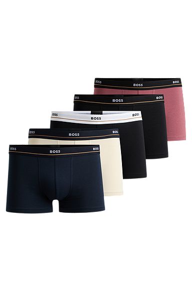 Five-pack of stretch-cotton trunks with logo waistbands, White / Red / Black / Blue