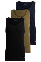 Three-pack of tank-top vests in cotton, Black / Green / Blue