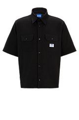 Loose-fit shirt in cotton twill with logo patch, Black