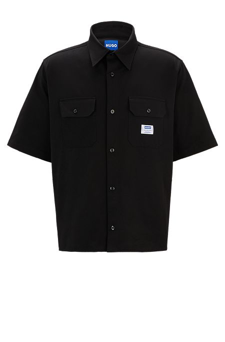 Loose-fit shirt in cotton twill with logo patch, Black