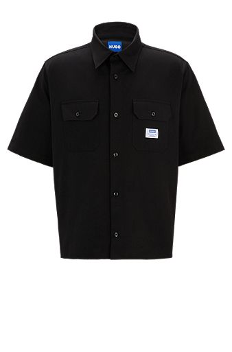 Loose-fit overhemd van katoenen twill met logopatch, Zwart