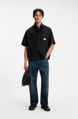 Oversized-fit overhemd in een katoentwill, Zwart