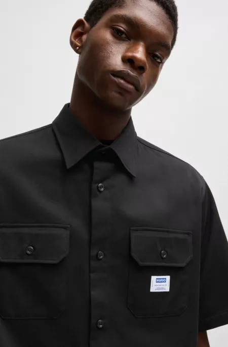 Oversized-fit shirt in cotton twill with logo patch