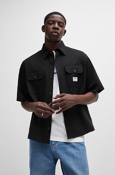 Chemise ample en twill de coton avec patch logo, Noir