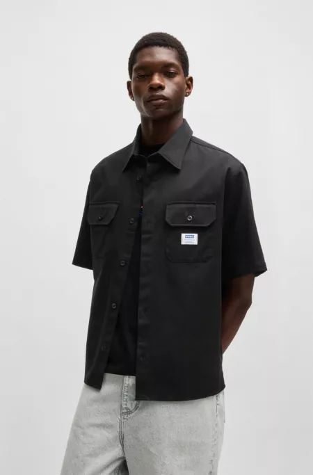 Oversized-fit shirt in cotton twill with logo patch