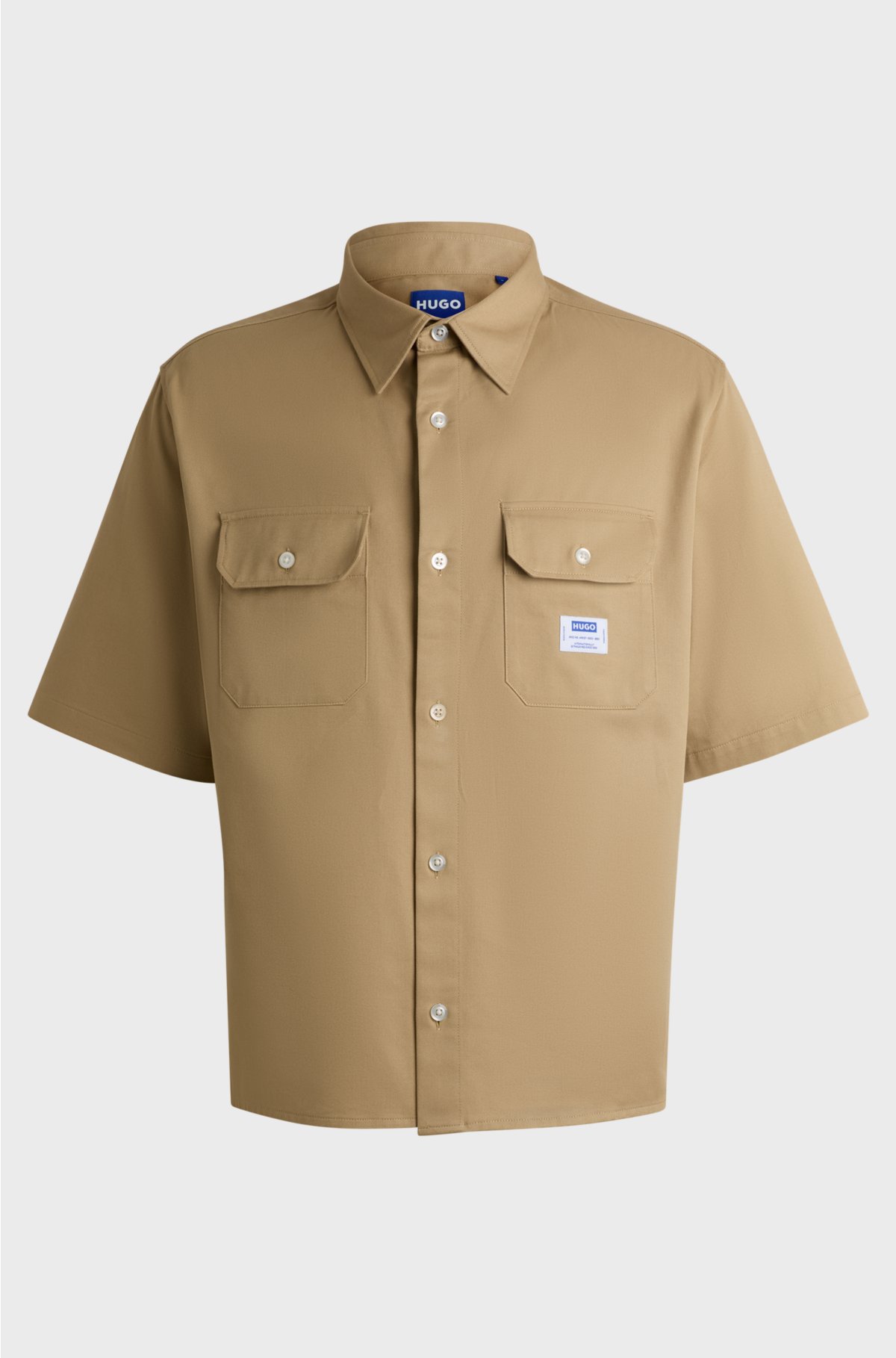 Loose-fit shirt in cotton twill with logo patch, Beige