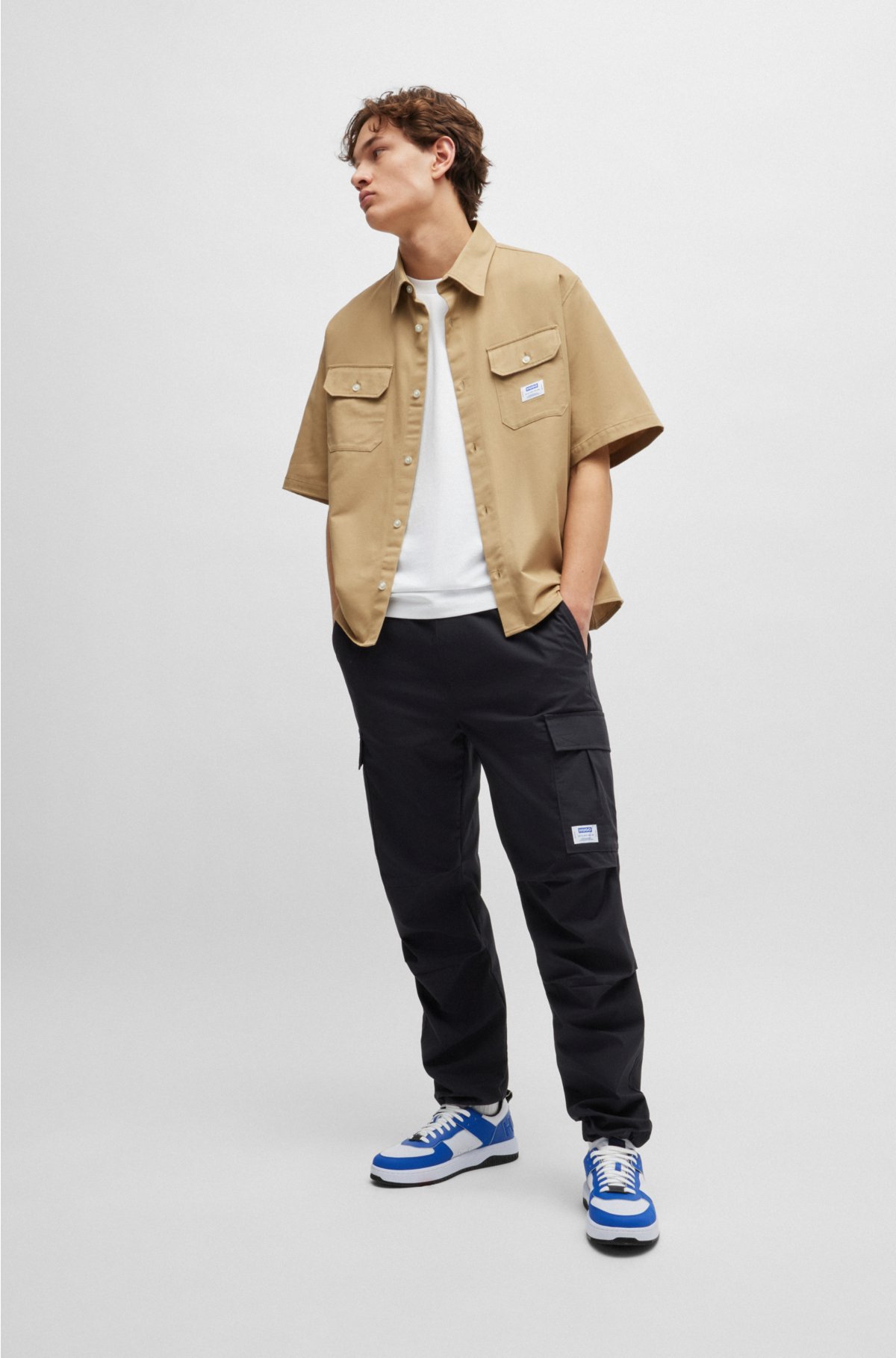 Loose-fit shirt in cotton twill with logo patch, Beige