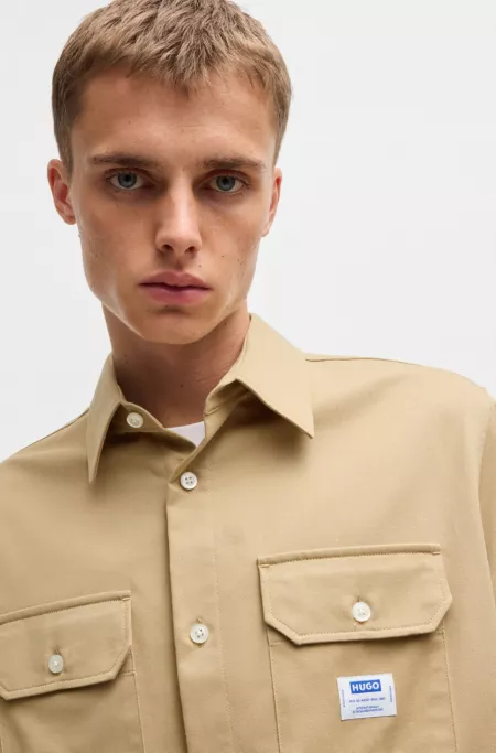 Oversized-fit shirt in cotton twill with logo patch