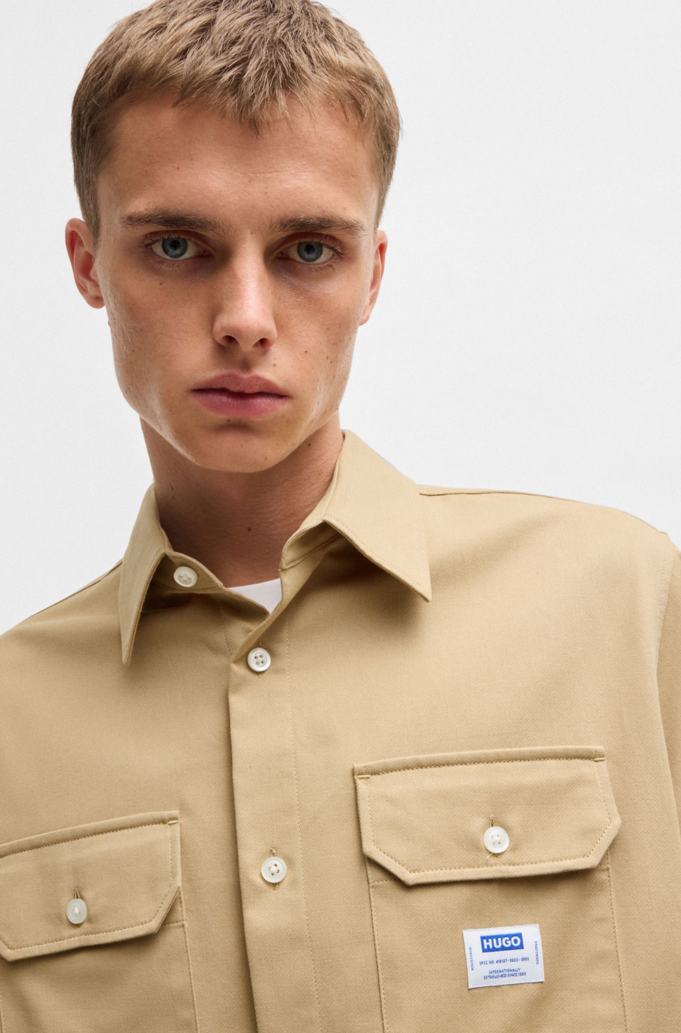 Oversized-fit shirt in cotton twill, Beige