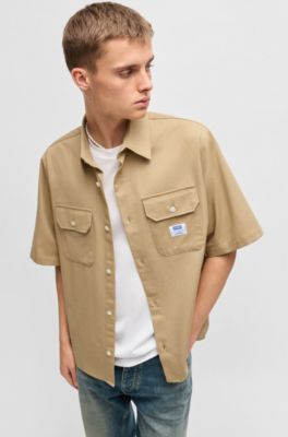 Oversized-fit shirt in cotton twill, Beige
