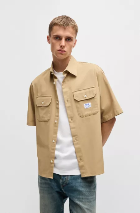 Oversized-fit shirt in cotton twill with logo patch