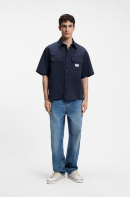 Oversized-fit shirt in cotton twill, Dark Blue