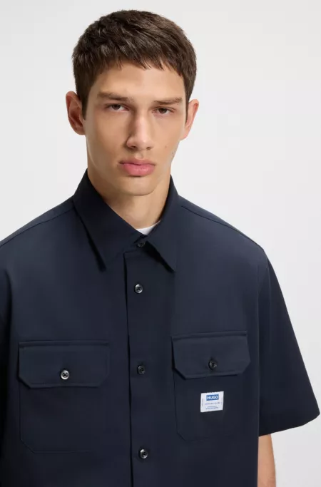Oversized-fit shirt in cotton twill with logo patch