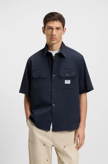 Oversized-fit shirt in cotton twill with logo patch