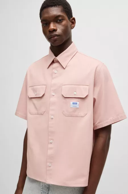 Oversized-fit shirt in cotton twill with logo patch